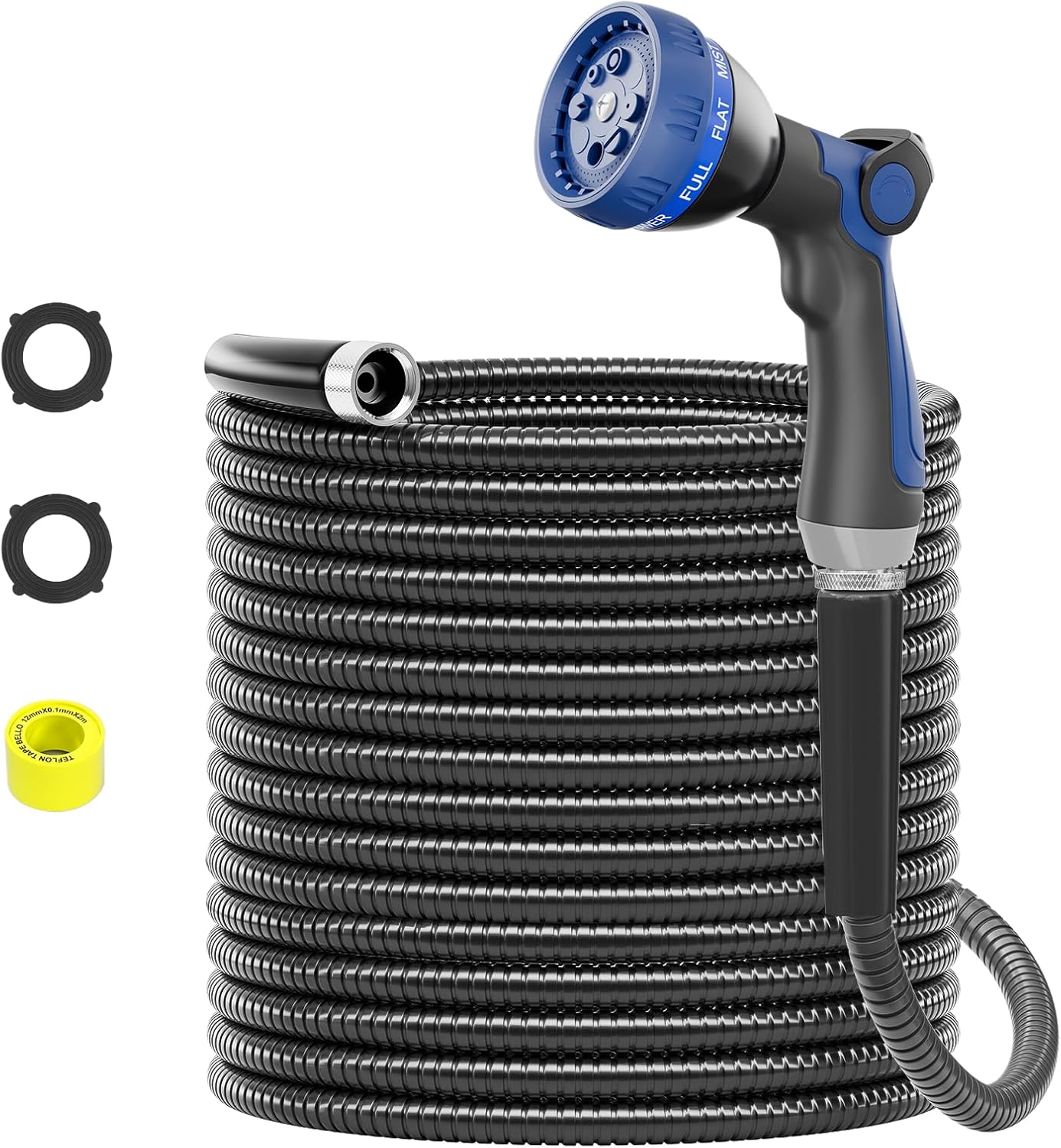 SPECILITE 25ft 304 Stainless Steel Garden Hose Metal, Heavy Duty Water Pipe with Nozzles for Yard, Outdoor - Flexible, Never Kink & Tangle, Puncture Resistant (Black)