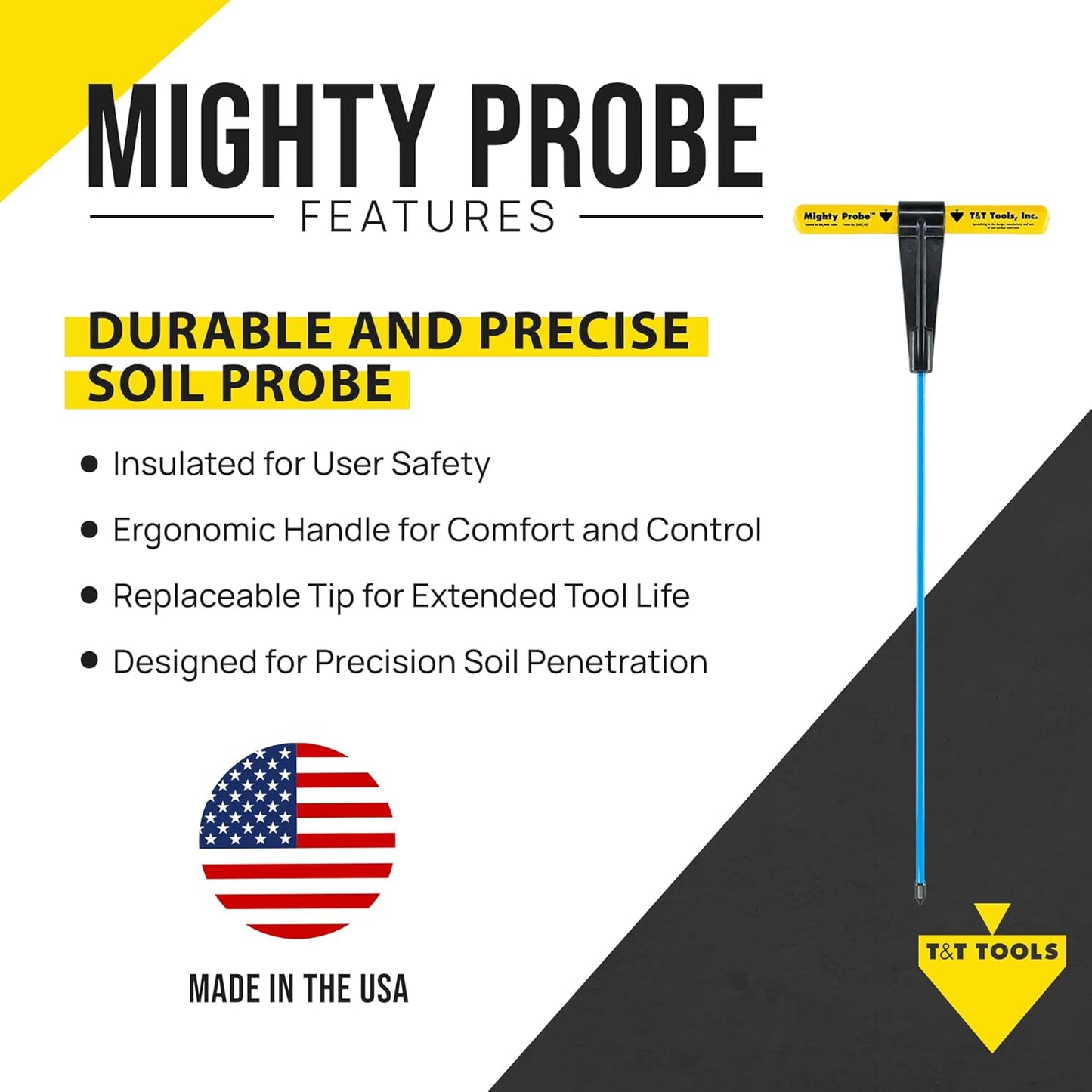 T&T Tools 48-Inch Mighty Probe Insulated Soil Probe – 3/8" Hex Rod Heavy Duty Steel T-Handle Probe for Landscaping, Utility Locating, Soil Testing & Wastewater, USA Made – 4 Pack