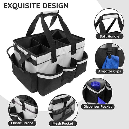 ZKOO Large Cleaning Caddy Bag with Handle, Built-in Sturdy Support Board, Adjustable Shoulder Strap, Multi-compartment Design Cleaning Supply Tote for Cleaners & Housekeepers (White)
