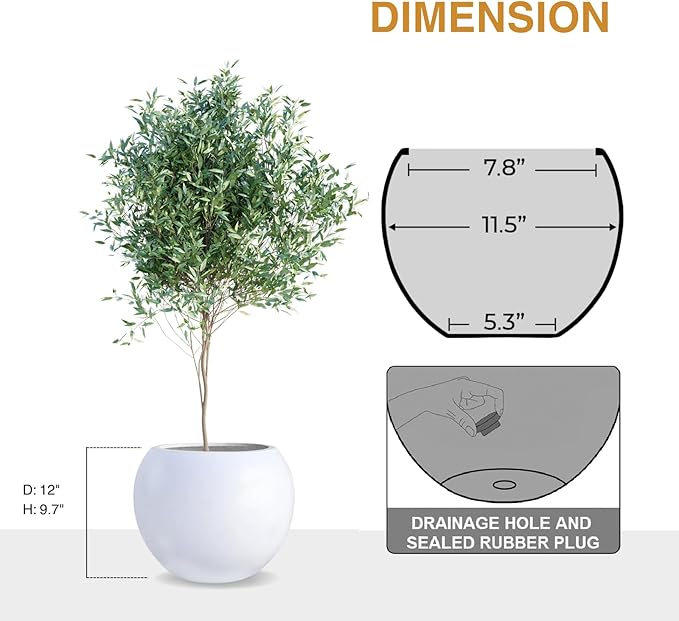 9.7" H x 12" D Globo Fiberstone Round Planter with Drainage Hole, Weather Resistant, Smooth Finish, Planters for Indoor Plants & Outdoor, 2 Extra Coco Mats (White, 7.8" Pot Opening)