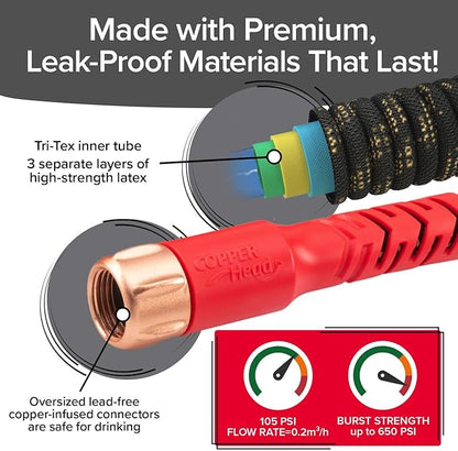 Pocket Hose Copper Head UV w/Pocket Pivot, Expandable Garden Hose 50 FT w/10 Pattern Thumb Sprayer AS SEEN ON TV 650psi 3/4in Ultra-Light Solid Copper Anodized Aluminum Fittings No-Kink No-Lead