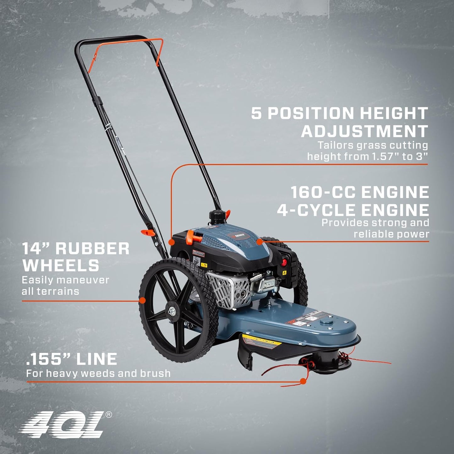 SENIX High Wheel Gas Walk Behind Brush Cutter and String Trimmer, 22-Inch Swatch with .155-Inch Line, 160 cc 4-Cycle Engine, Steel Deck, 14" Rubber Wheels, Adjustable Height (STMG-L)