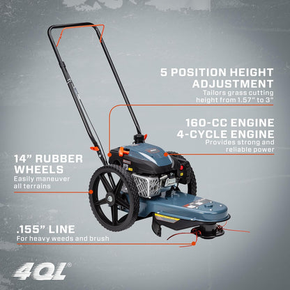 SENIX High Wheel Gas Walk Behind Brush Cutter and String Trimmer, 22-Inch Swatch with .155-Inch Line, 160 cc 4-Cycle Engine, Steel Deck, 14" Rubber Wheels, Adjustable Height (STMG-L)