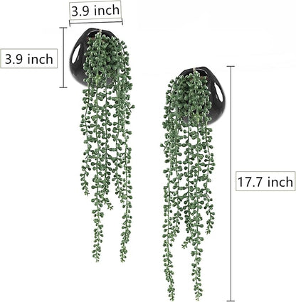 Tiita Artificial Hanging Plants, Faux Succulents in Pots, Realistic String of Pearls Plants for Home Office Accessories Window Sill Bathroom Bedroom Fake in Black Ceramic Pots, Set of 2