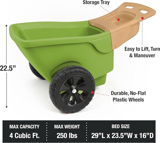 Simplay3 Easy Haul Wheelbarrow with Garden Tool Storage Tray, Durable Heavy-Duty Plastic Wheelbarrow with Large Easy Turn Wheels - Green, Made in USA…