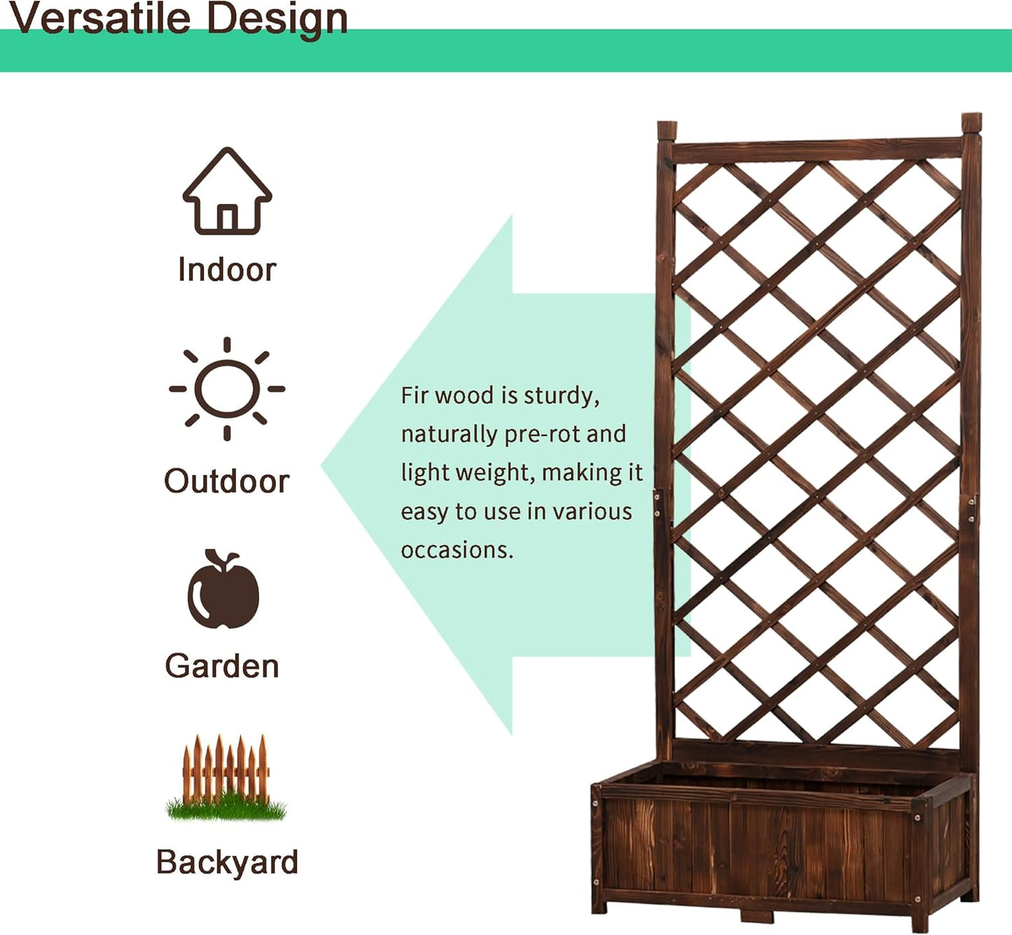 Anraja Raised Garden Bed Planter with Trellis Outdoor Wood Box 67in Flower Standing Planter Box Privacy Lattice Panels with Legs for Patio Porch w/Drainage Holes 29.5" L x 17.0" W x 67.0" H