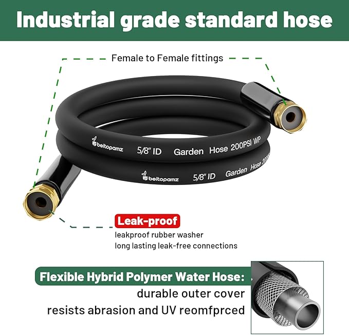 Short Garden Hose 5 ft x 5/8" Female to Female, Heavy Duty Small Water Hose Extend Connector, Leak-Free Connections Hybrid Rubber Leader Hose with 3/4" Double GHT Fittings, Black