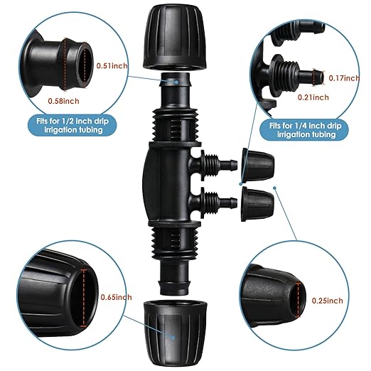 Drip Irrigation Fittings: 1/2 Inch Drip Tubing (1/2" ID x 0.65" OD) to 1/4 inch Irrigation Tubing Anti-Drop Locked Barbed Reducing Tee 4 Way for Gardening Landscape (Pack of 10)