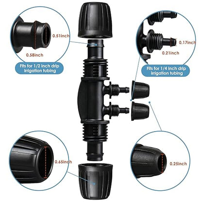 Drip Irrigation Fittings: 1/2 Inch Drip Tubing (1/2" ID x 0.65" OD) to 1/4 inch Irrigation Tubing Anti-Drop Locked Barbed Reducing Tee 4 Way for Gardening Landscape (Pack of 10)