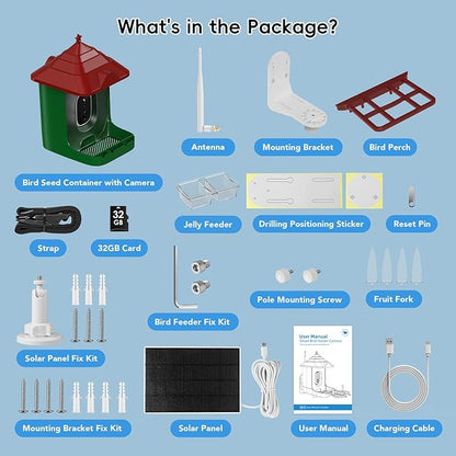 Smart Bird Feeder with Camera, Solar Panel & 5200mAh Battery, 4K HD Video, AI Identification, Instant Arrival Alerts & Alarm, IP65 Weatherproof, 32GB Card, 2L Capacity, Bird Lover’s Smart Companion