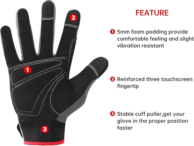 DULFINE Flex Grip Mechanic Work Gloves for Men,Black and Red Utility Safety Working Gloves Touch Screen,Excellent Grip,Ideal for Working on Cars and Outdoor Jobs(Small)