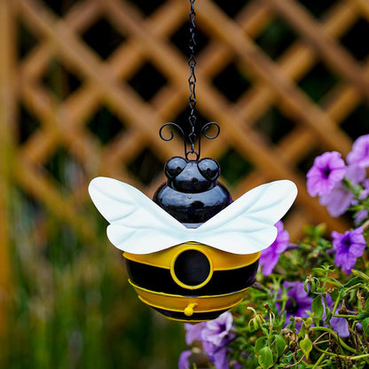 Honeybee Theme Bird House - Decorative Outdoor Metal Birdhouse for Garden, Yard, or Patio - Rust-Resistant & Weatherproof Bee Design with Hanging Chain - Attracts Finches, Sparrows 7.67”x5.11”x2.55”