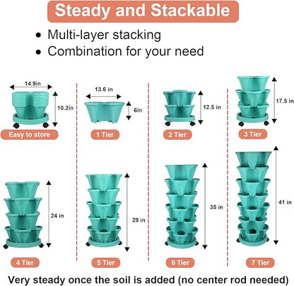 Vertical Planter 7 Tier Stackable Planters Garden Planters Strawberry Herb Flower and Vegetable Planter Indoor Outdoor Gardening Pots with Removable Wheels and Tools