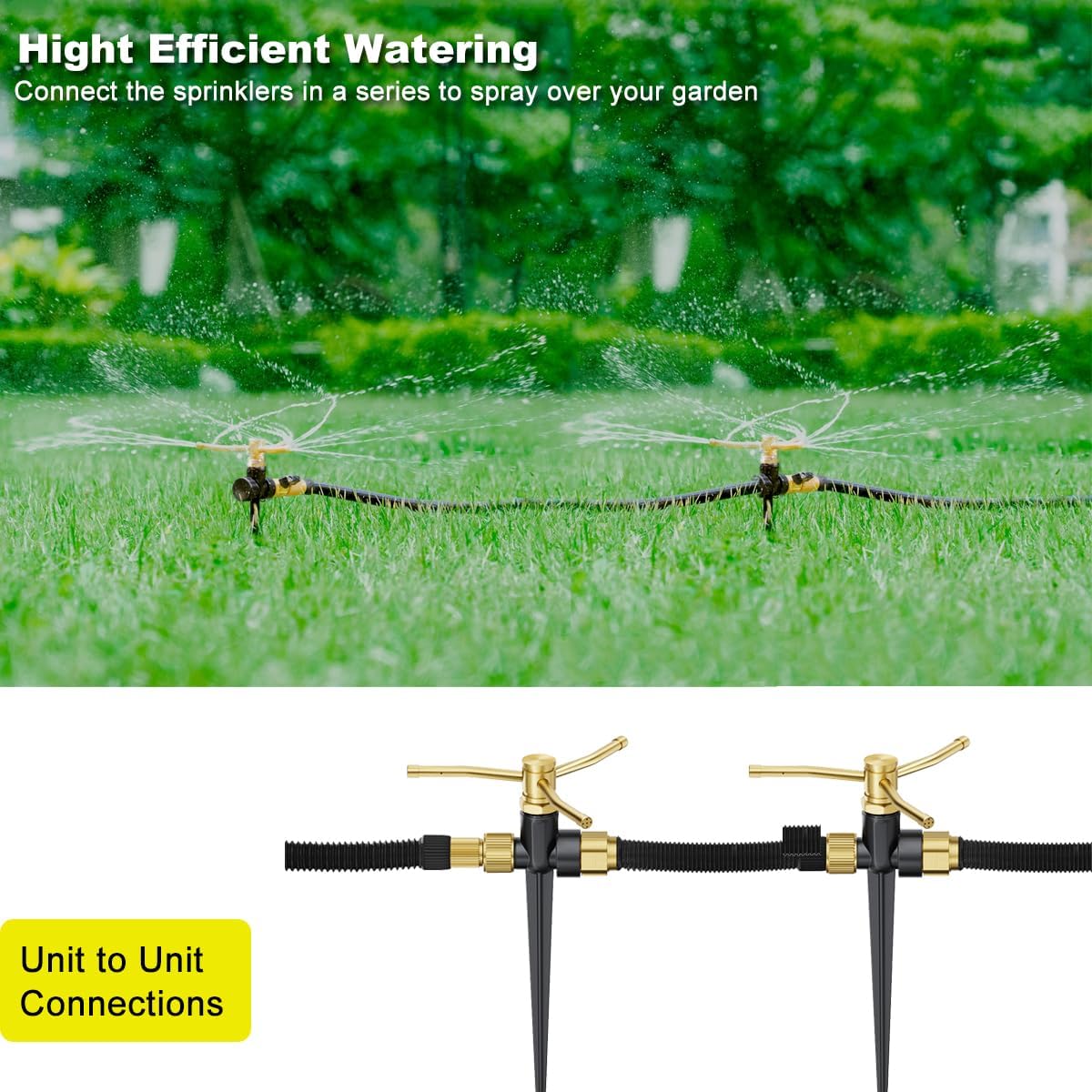 FANHAO 2 Pack Metal Lawn Sprinklers for Yard with Spike Base, 3-Arm Water Sprinkler 360 Degree Automatic Rotary Garden Sprinkler System, Large Yard Area Watering for Plant, Flower Bed and Patio