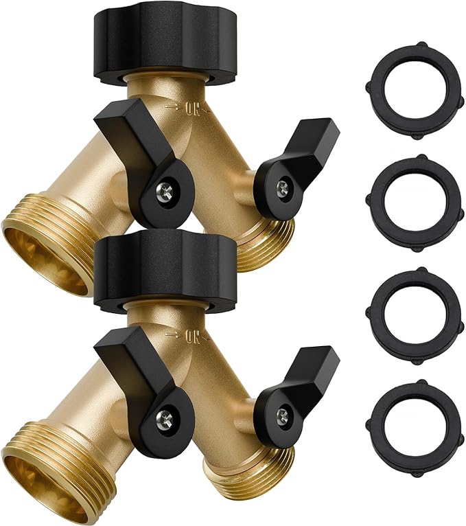 2 Pack Garden Hose Splitter 2 Way, Heavy Duty Brass Connector Tap Splitter, Y Connector Brass Garden Hose Adapter with 2 Valves & 2 Extra Rubber Washers, Water Hose Splitter, Zero Leaks