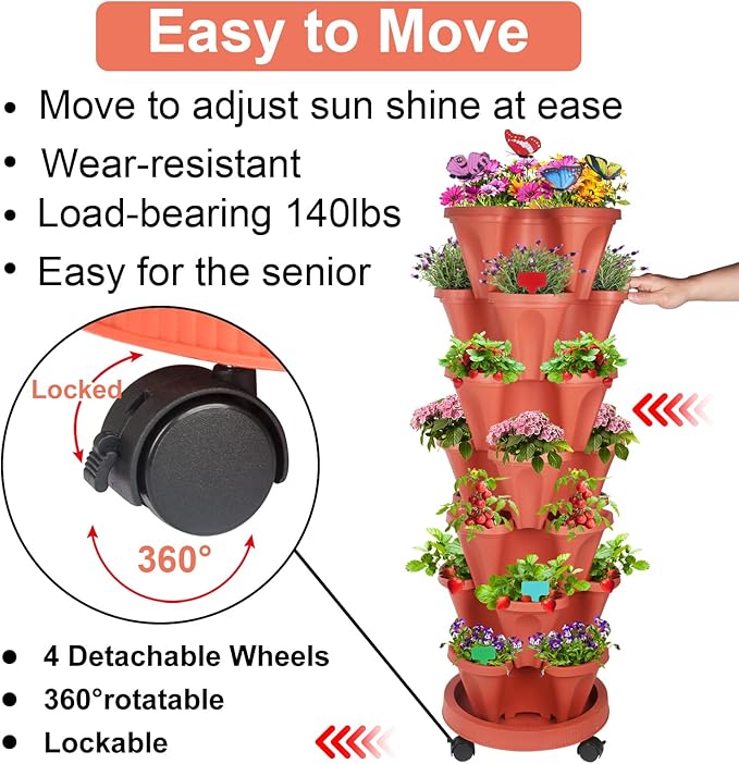 Vertical Planter, 7 Tier Stackable Strawberry Planter with Garden Tool Set, Movable Indoor/Outdoor Garden Herb Pot for Growing Vegetables and Succulents, Red