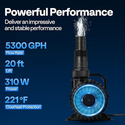 VIVOHOME 310W 5300GPH Submersible Water Pump with 180° Seamless Adjustable Nozzle and Barrier Bag for Koi Pond Waterfall Fountains Fish Tank