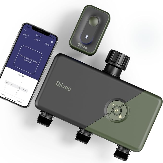 Diivoo WiFi Sprinkler Timer 3 Zone, Smart Water Hose Timer Compatible with Alexa and Google, Remote Control Irrigation, Automatic Manual Watering, Rain Delay, for Garden, Yards and Lawns (2.4Ghz Only)