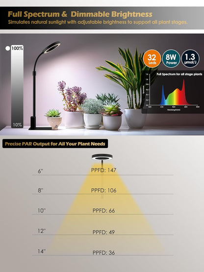 Grow Light with Stand, LED Plant Light for Indoor Plants, Full Spectrum Grow Lamp, Adjustable Height (Black, 8W)