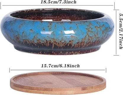 ARTKETTY Succulent Pots, 7.3 Inch Succulent Planters with Drainage Pack of 2, Shallow Bonsai Pot with Tray Ceramic Pots for Indoor Plants Large Cactus Flower Plant Bowl
