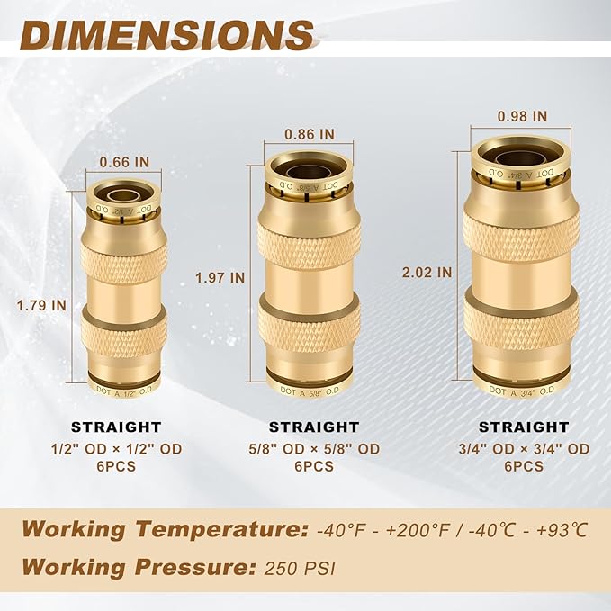 18pcs Quick Connect Brass DOT Air Line Fittings Straight Union 5/8” 3/4” 1/2” Tube Push to Connect Fittings Air Suspension Fittings Straight Air Brake Union Push Lock Pneumatic Air Hose Fitting