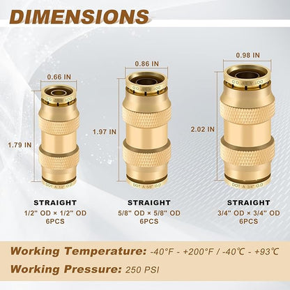 18pcs Quick Connect Brass DOT Air Line Fittings Straight Union 5/8” 3/4” 1/2” Tube Push to Connect Fittings Air Suspension Fittings Straight Air Brake Union Push Lock Pneumatic Air Hose Fitting
