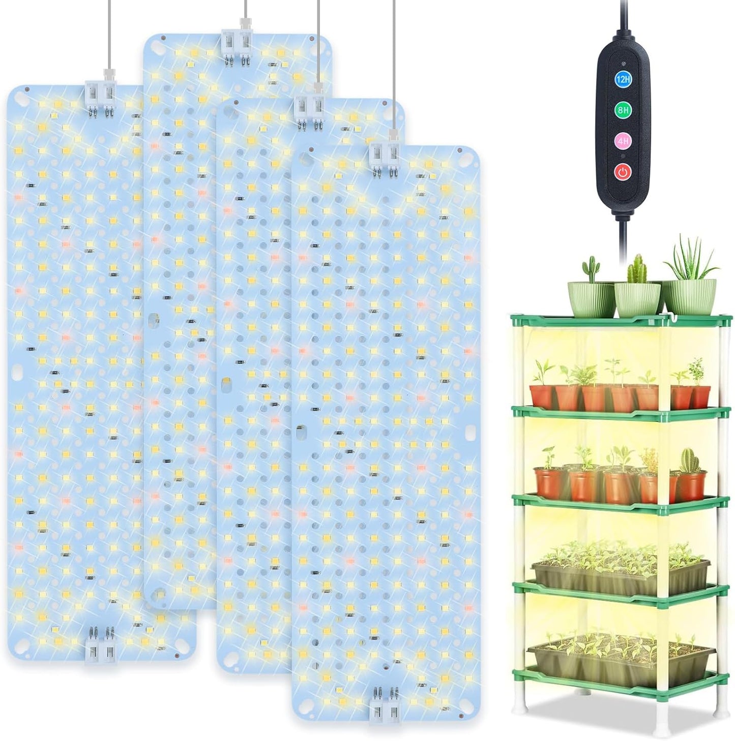 4Pack Flat Panel Grow Lights for Indoor Plants, Seed Starting, Vegetables with 4/8/12 Hr Timer, 40W Full Spectrum LED Plant Growing Lamps for Cabinet/Shelves/Greenhouse, Plug-and-Play, Connect Freely