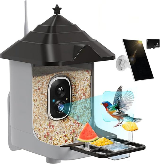 Smart Bird Feeder with Camera, Solar Panel & 5200mAh Battery, 4K HD Video, AI Identification, Instant Arrival Alerts & Alarm, IP65 Weatherproof, 32GB Card, 2L Capacity, Bird Lover’s Smart Companion