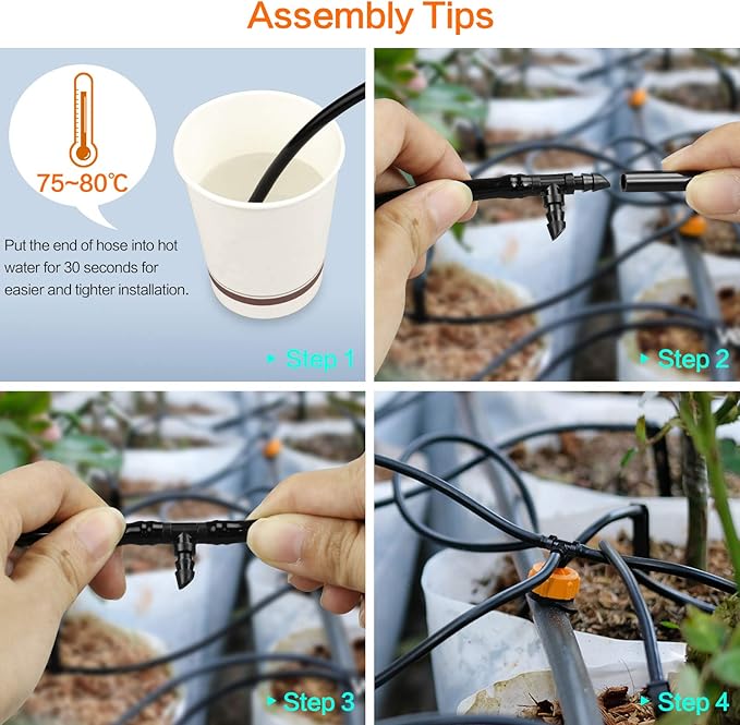 1/4 Inch Drip Irrigation Fittings Kit, 130 Pieces Drip Irrigation Parts for 1/4" Irrigation Tubing for Garden Lawn, Drip Line Barbed Connectors - 60 Couplings, 40 Tees, 20 Elbows, 10 End Plugs