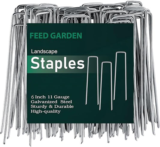 FEED GARDEN 6 Inch 100 Pack Galvanized Landscape Staples Plant Cover Stakes 11 Gauge Tent Stakes Garden Stakes Landscaping Fabric SOD Pins Yard Stakes for Decoration Weed Barrier Fabric