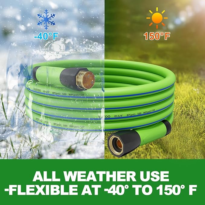 YOTOO Heavy Duty Hybrid Garden Water Hose 5/8-Inch by 75-Feet 150 PSI Kink Resistant, Flexible with Swivel Grip Handle and 3/4" GHT Solid Brass Fittings, Green+Blue