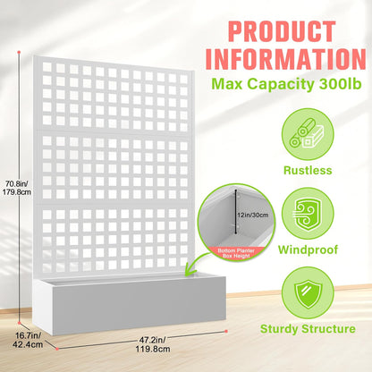 Metal Planter Box with Trellis, Raised Garder Bed with Drainage Hole, Privacy Screen & Trellis for Climbing Plants, Outdoor Plant Stands, 47''L×17''W×71''H, White