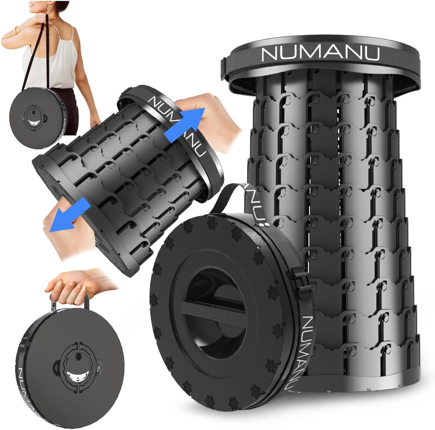 NUMANU 2025 Upgraded XXL Portable Collapsible Stool for Adults, 2.7"-19.7" Height Adjustable Max 1000lbs, Taller & Wider Heavy Duty Portable Seat, Telescoping Retractable Folding Camping Stool