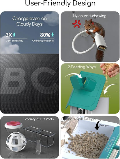 COOAU 2K Smart Bird Feeder with Camera Solar Powered, Outdoor Bird House Cam with 11,000+ AI Birds Species Identification, 3MP HD Live Video Watching, Instant Notifications,Ideal Gift for Bird Lovers