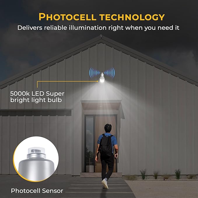 Touch & Glow Security Area Light – Ultra Bright Dusk to Dawn High-Pressure Fluorescent Light with Photocell for Outdoor Safety | Heavy Duty Wall Mount, EZ-FLA30 with LED Bulb