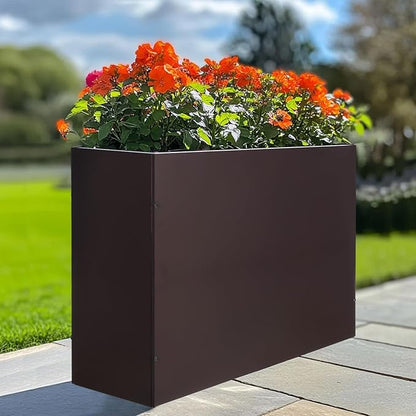 Metal Rectangular Planter Box Tall Planters for Outdoor Plants Modern Heavy Duty with Drainage Holes for Outside Indoor Patio Deck - Brown, 32”x 12”x 24”