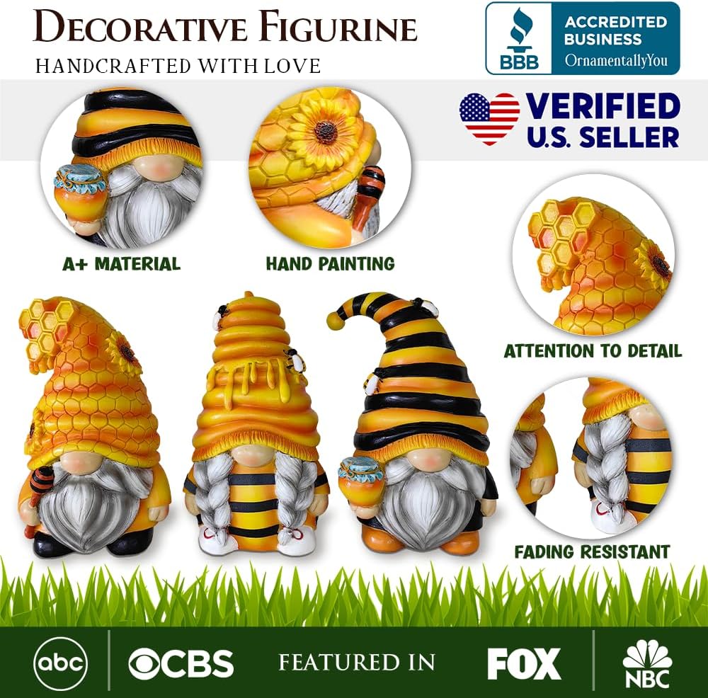 OrnamentallyYou Spring & Summer-Themed Garden Statues – Adorable Outdoor Decor for Lawn, Patio & Porch (Buzzy Trio Set of Three Bumble Bee Gnome Figurines, 6" Tiered Tray Home or Garden Decoration)