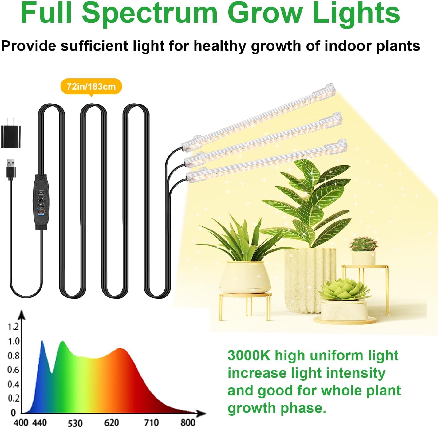 LED Grow Light Strips, Grow Lights for Indoor Plants Full Spectrum 3000K, 78 LEDs Plant Light with 3/9/12H Timer, 10 Dimmable Levels for Seedling Succulent and Plant Shelf, 3 Head 8.6 Inches