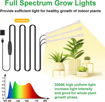 LED Grow Light Strips, Grow Lights for Indoor Plants Full Spectrum 3000K, 78 LEDs Plant Light with 3/9/12H Timer, 10 Dimmable Levels for Seedling Succulent and Plant Shelf, 3 Head 8.6 Inches
