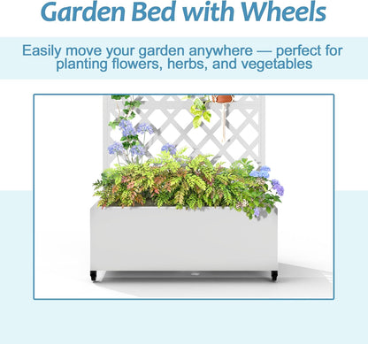 Metal Planter Box with Trellis & Wheels, Raised Garden Bed with Privacy Screen, Outdoor Standing Flower Beds with Drainage Hole for Climbing Plants, Vine, 35.4" L x 15.7" W x 70.9" H, White
