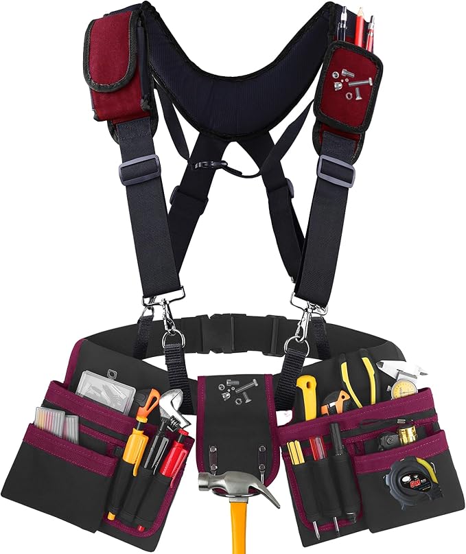 Tool Belt With Suspenders, 24 Pockets Tool Bag with Magnetic Wristband, Detachable Tool Pouch Bag, Adjustable Waists for Men Electrician Carpenter Construction (Red)