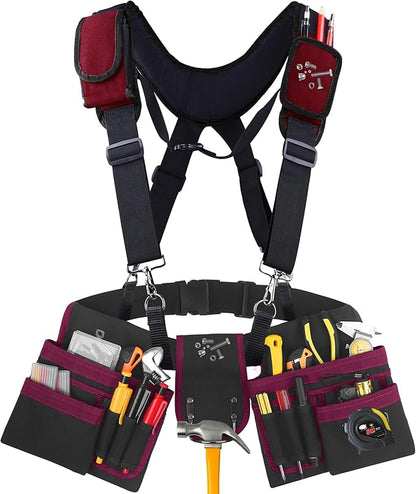 Tool Belt With Suspenders, 24 Pockets Tool Bag with Magnetic Wristband, Detachable Tool Pouch Bag, Adjustable Waists for Men Electrician Carpenter Construction (Red)