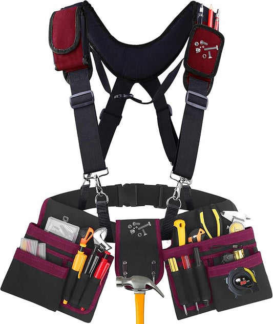 Tool Belt With Suspenders, 24 Pockets Tool Bag with Magnetic Wristband, Detachable Tool Pouch Bag, Adjustable Waists for Men Electrician Carpenter Construction (Red)