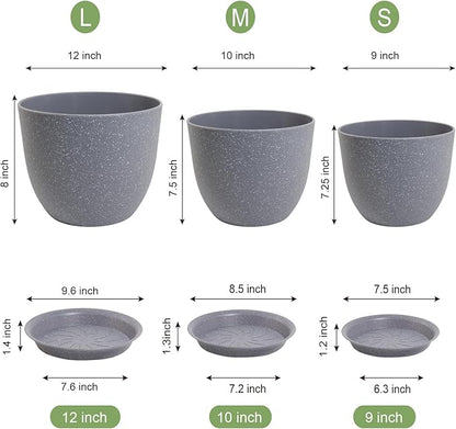 12/10/9 inch Large Plant Pots, 3 Pack Modern Decorative Plastic Planters with Drainage Holes and Saucer for House Garden Plants, Flower Pots for Indoor Outdoor Plants, Speckled Grey