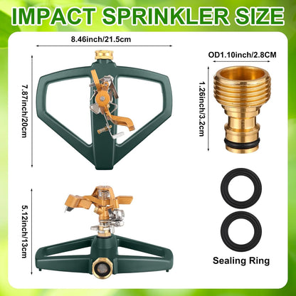 3 Sets Sprinklers for Yard Pulsating Impact Sprinkler with Metal Base Heavy Duty Adjustable Hose for Lawn Large Area Garden(Green)