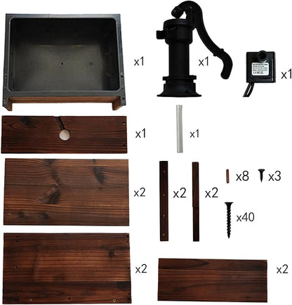 Outdoor Water Fountain，Floor Wooden Rectangular Double-Layer Old-Fashioned Pump Fountain with Flower Box，Plug-in Electric Decorative Hand Pump,Outdoor Water Feature for Garden Patio Backyard