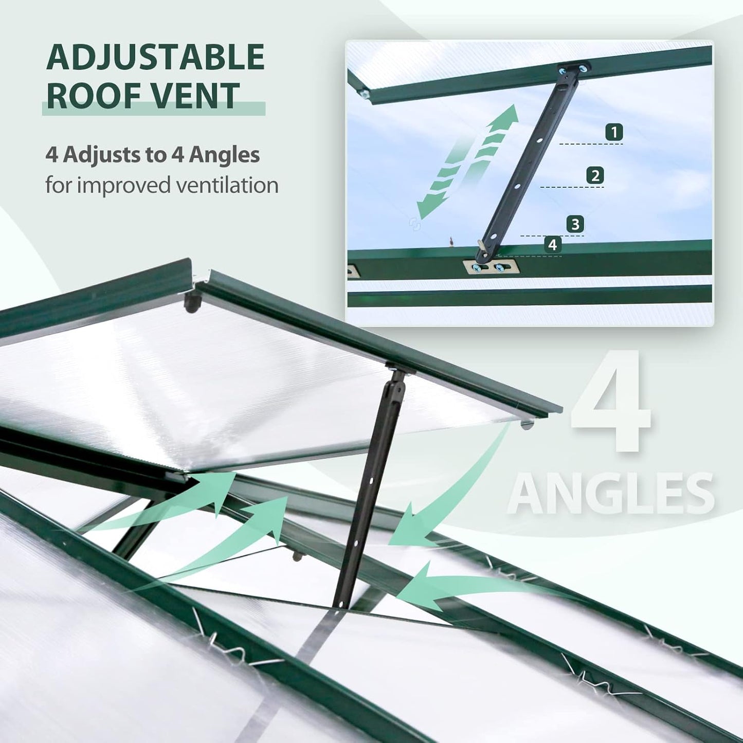 EAGLE PEAK 6x6x7 Outdoor Walk-in Hobby Greenhouse with Adjustable Roof Vent and Rain Gutter, Base and Anchor, Polycarbonate Aluminum Green House for Backyard Garden, Dark Green