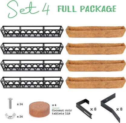 Window Box Railing, 24 Inch Black Metal Hanging Flower Planter Basket with Coco Liner for Outdoor Balcony Porch Fence Patio for Home, Office and Hotel (Black - 4 Pcs/Set)