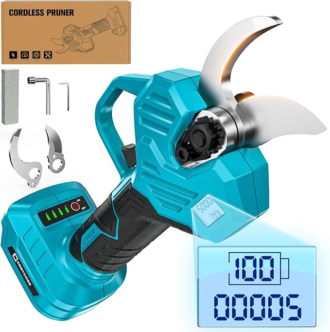 Cordless Electric Pruning Shears Compatible with Makita 18V Battery, 1.5-2-Inch Portable Pole Pruner with LCD Display & Imported SK7 Steel Blades for Gardening Shears