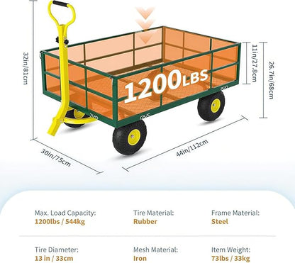 Metal Wagon - 1200lbs Garden Cart with 10" Multi-Terrain Tires, 4 Removable Mesh Sides & 180° Swivel Handle, Yard Wagon Cart for Lawn, Yard, Patio Gardening